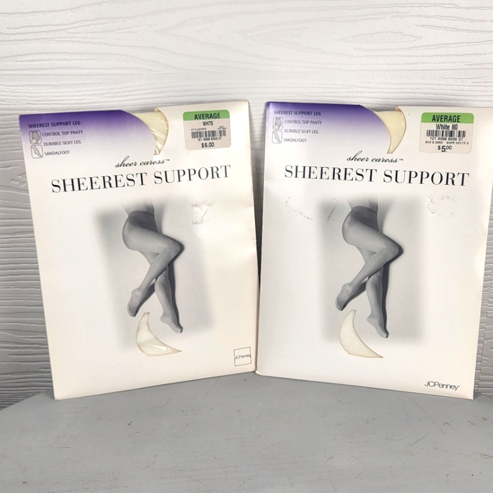 2 Packs Sheer Caress Sheerest Support Pantyhose White Sz Average NEW Vintage